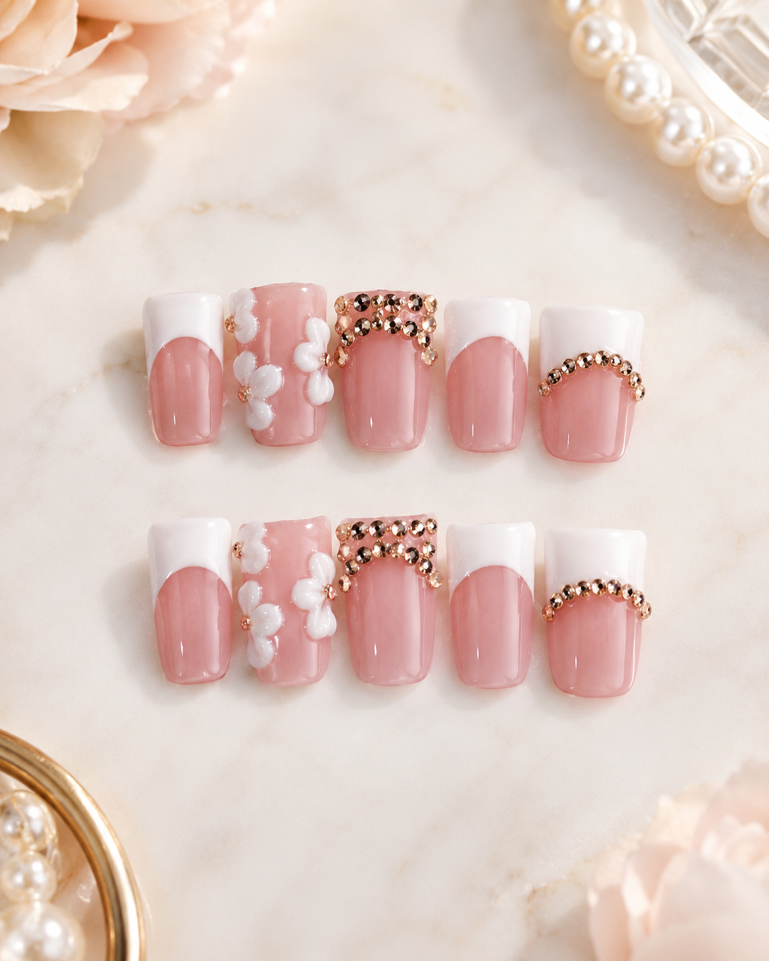 Bridal Bliss Duck Nail Set - medium size, blush pink with 3D flowers and rose gold rhinestones