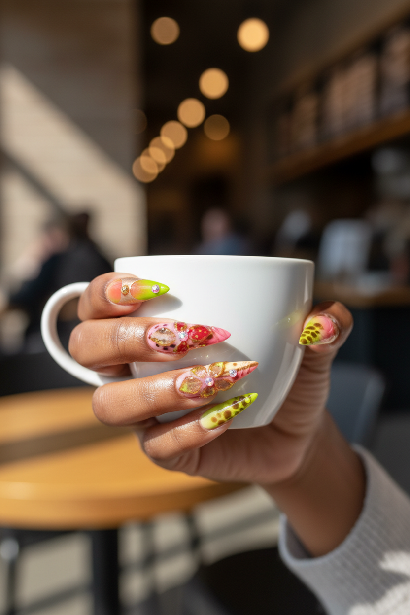 Lime Green & Pink Nails — Coffee Cup