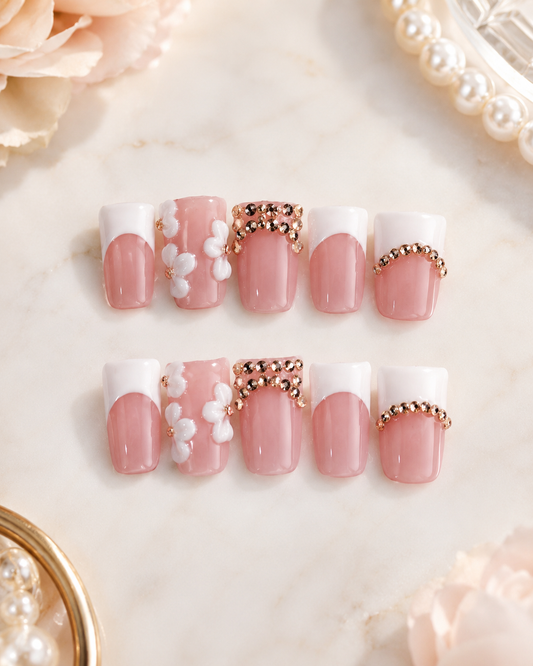 Bridal Bliss Duck Nail Set - medium size, blush pink with 3D flowers and rose gold rhinestones