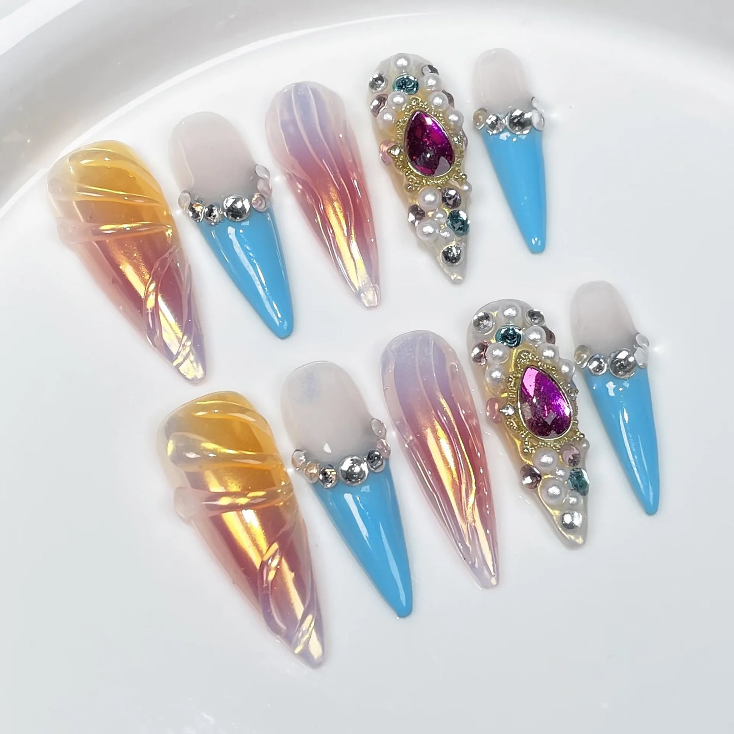 Press & Slay: Aura Fantasy Edition — Handmade Jeweled Stiletto Press-On Nails