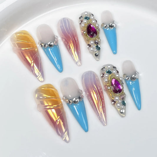 Press & Slay: Aura Fantasy Edition — Handmade Jeweled Stiletto Press-On Nails