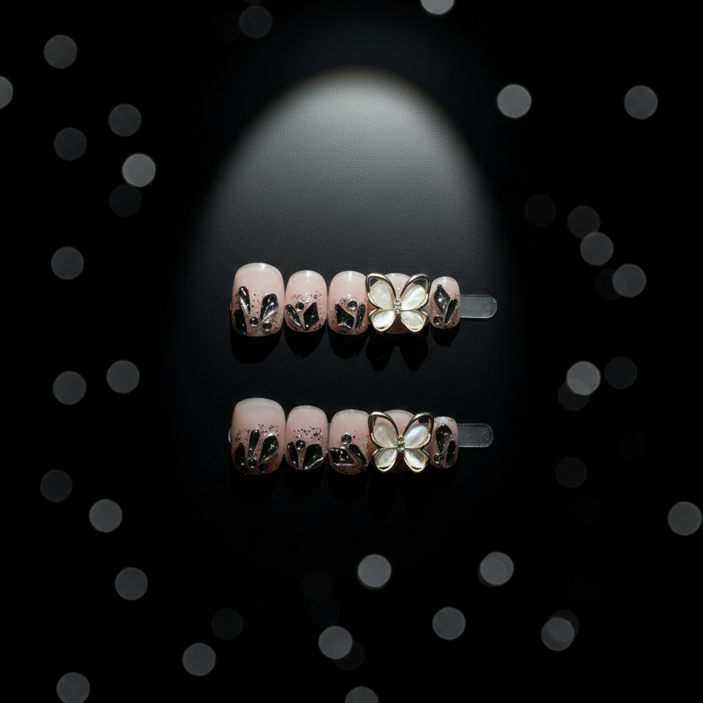 Silver Armor press-on nail set – black background product shot