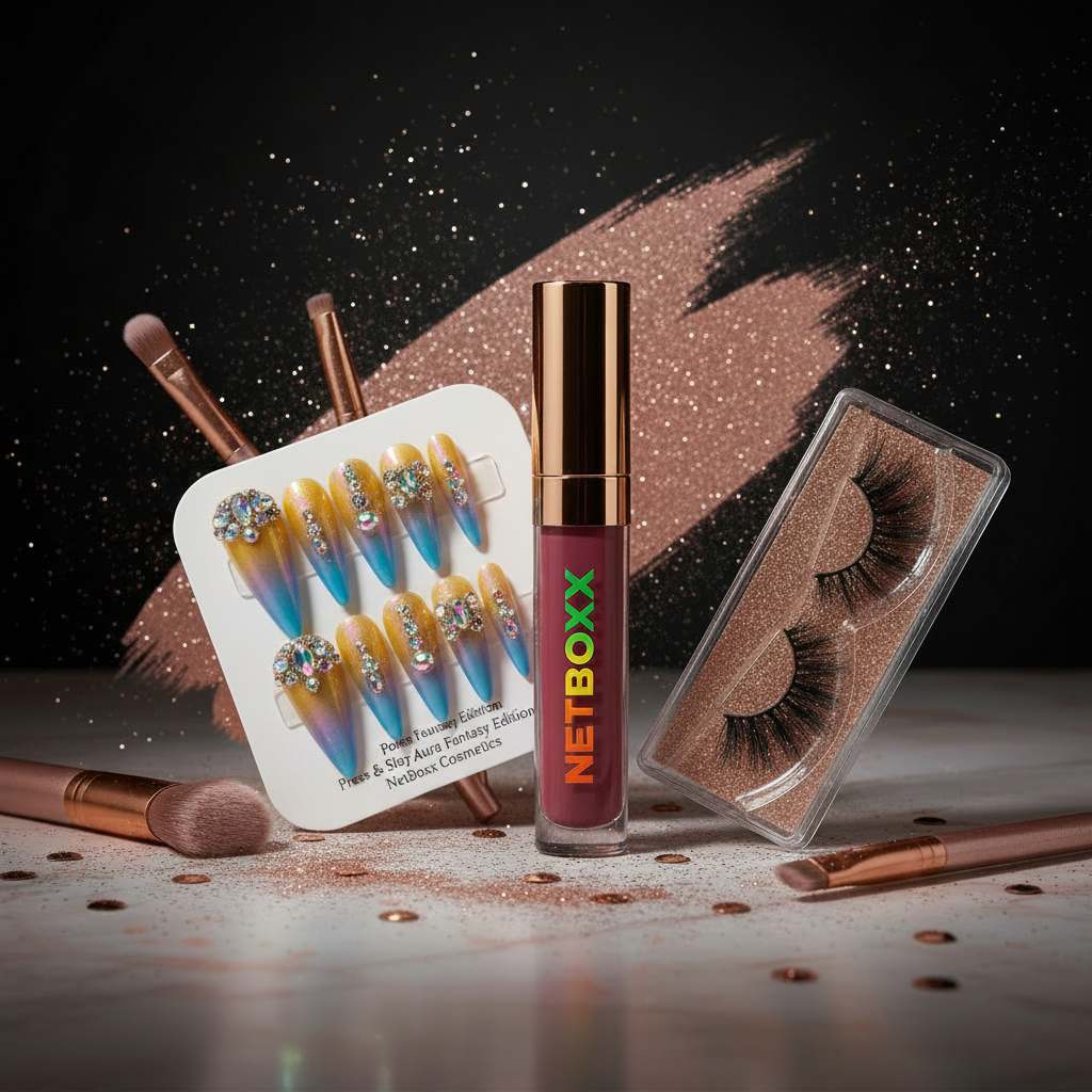 Night Out Glam Mystery Bundle featuring Press & Slay Aura Fantasy Edition nails, NetBoxx lashes, and Beyond Bold lipstick