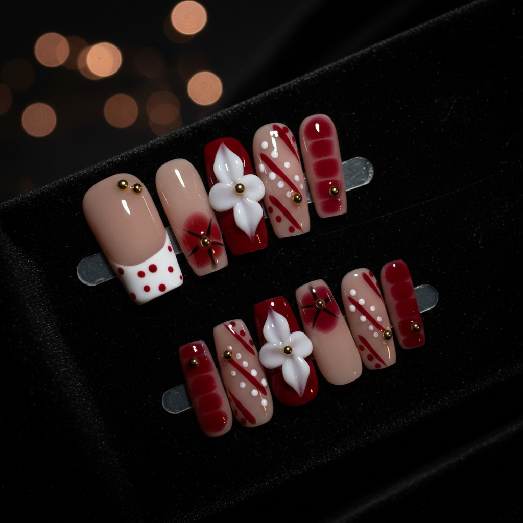 Crimson Bloom Press-On Nail Set